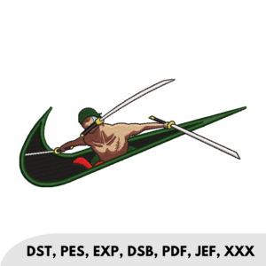 Roronoa Zoro from One Piece positioned within a black and green Nike swoosh logo