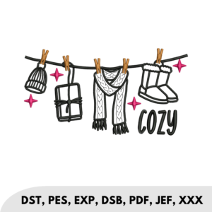 Winter accessories hanging on a rack, hat, scarf, shoes