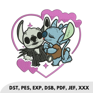 Stitch dressed as Jack Skellington kissing Angel inside a pink heart shape.