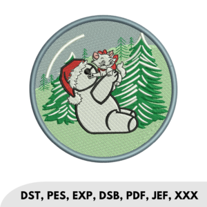 Bear Wearing Santa hat holding up a small white cat